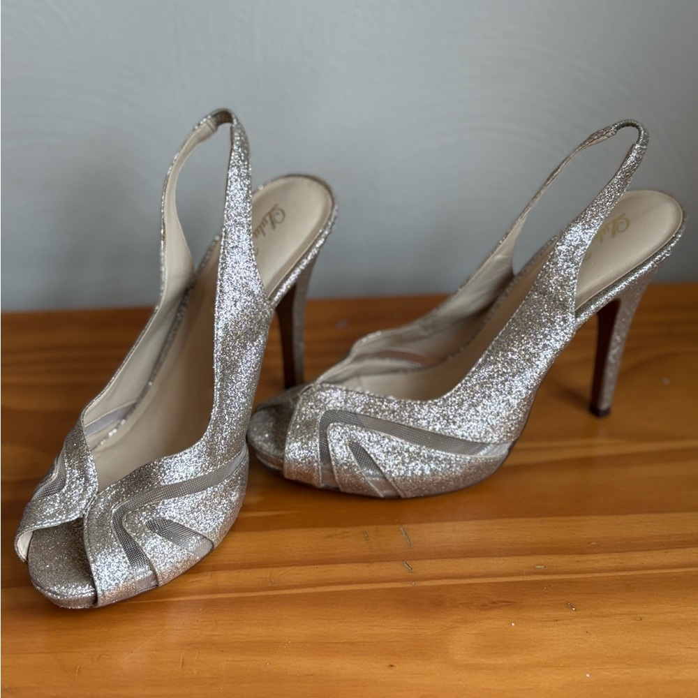 Lulu Townsend Silver Glitter Heels with Peep-Toe Design - Picture 2 of 6